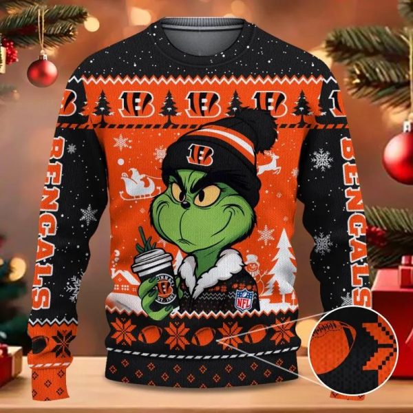 The Grinch Drink Coffee Cincinnati Bengals Ugly Christmas Sweater, Cincinnati Bengals Ugly Sweater, NFL Ugly Sweater