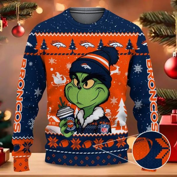 The Grinch Drink Coffee Denver Broncos Ugly Christmas Sweater, Denver Broncos Ugly Sweater, NFL Ugly Sweater