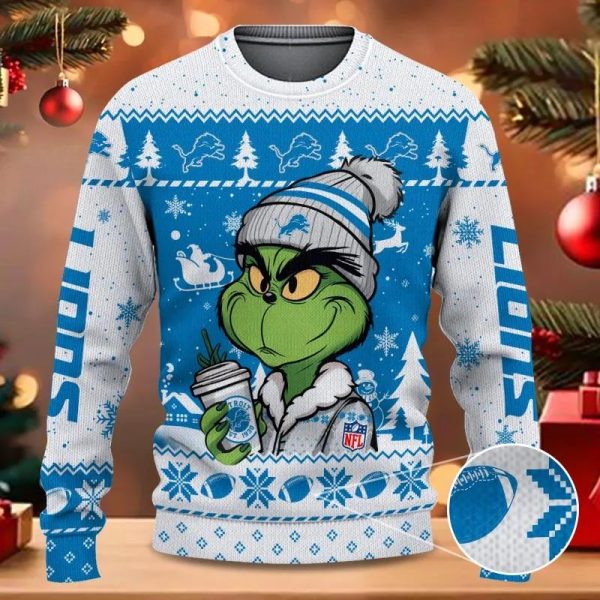 The Grinch Drink Coffee Detroit Lions Ugly Christmas Sweater, Detroit Lions Ugly Sweater, NFL Ugly Sweater