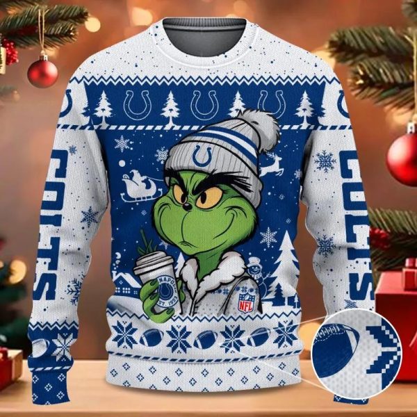 The Grinch Drink Coffee Indianapolis Colts Ugly Christmas Sweater, Indianapolis Colts Ugly Sweater, NFL Ugly Sweater