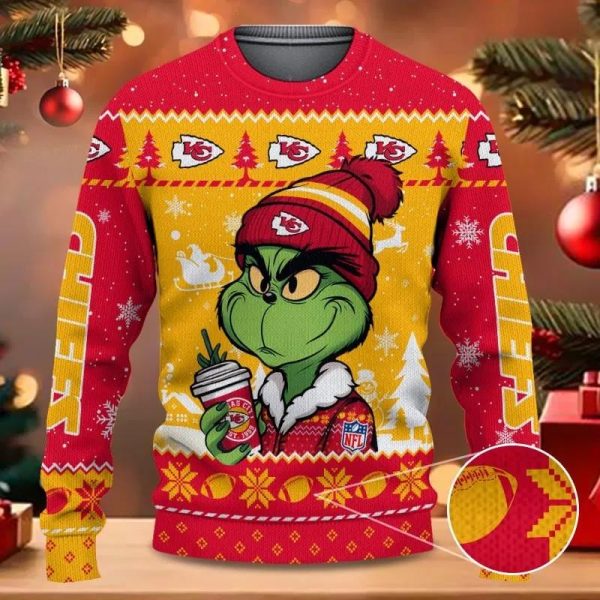 The Grinch Drink Coffee Kansas City Chiefs Ugly Christmas Sweater, Kansas City Chiefs Ugly Sweater, NFL Ugly Sweater