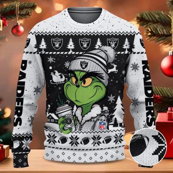 The Grinch Drink Coffee Las Vegas Raiders Ugly Christmas Sweater, Las Vegas Raiders Ugly Sweater, NFL Ugly Sweater