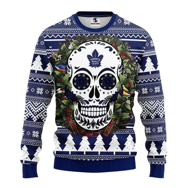 Toronto Maple Leafs Skull Flower Ugly Christmas Sweater, Toronto Maple Leafs Ugly Sweater, NHL Ugly Sweater