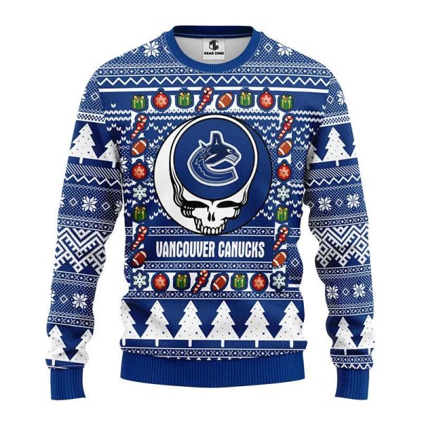 Vancouver Canucks Grateful Dead Ugly Christmas Sweater, Vancouver Canucks Ugly Sweater, NHL Ugly Sweater