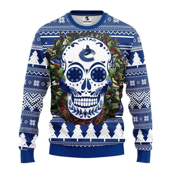 Vancouver Canucks Skull Flower Ugly Christmas Sweater, Vancouver Canucks Ugly Sweater, NHL Ugly Sweater