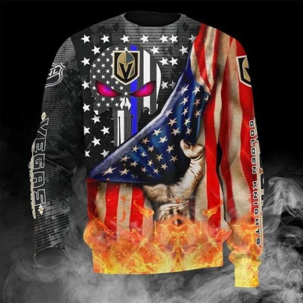 Vegas Golden Knights American Flag Skull Ugly Christmas Sweater, Vegas Golden Knights Ugly Sweater, NHL Ugly Sweater