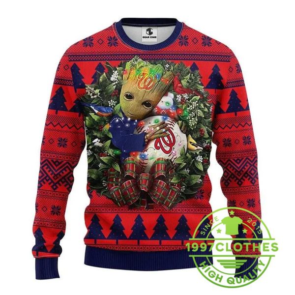 Washington Nationals Groot Hug Ugly Christmas Sweater, Washington Nationals Ugly Sweater, MLB Christmas Sweater