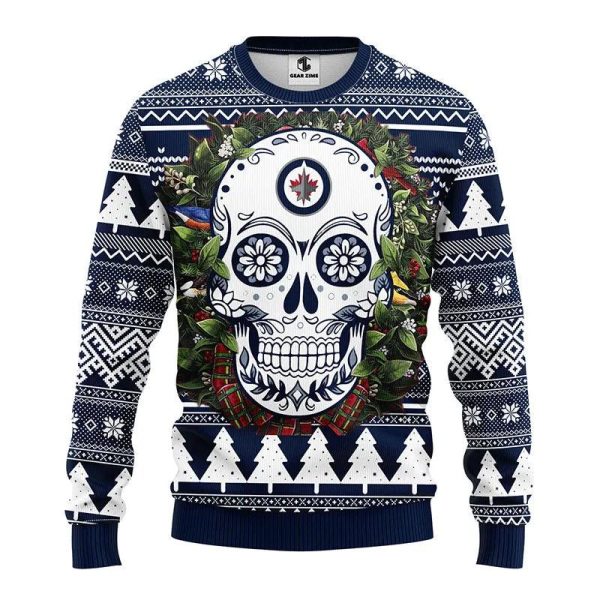 Winnipeg Jets Skull Flower Ugly Christmas Sweater, Winnipeg Jets Ugly Sweater, NHL Ugly Sweater